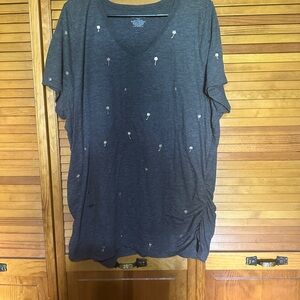 Lane Bryant Charcoal Short Sleeve V-Neck Top with Embroidered Dots